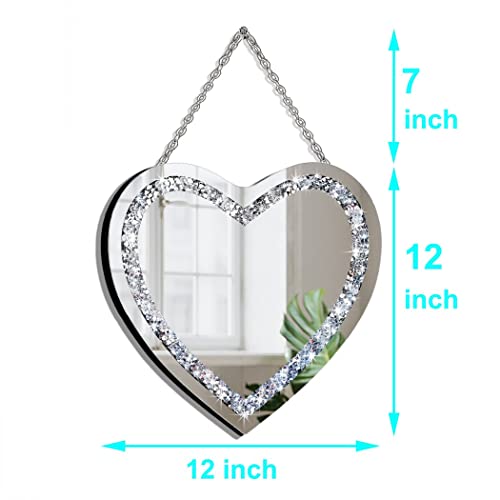 DMDFIRST Crystal Crush Diamond Heart Shaped Silver Mirror with Silver Stainless Steel Chain for Wall Decoration 12x12x0.5 inch Wall Hang Frameless Mirror Glass Diamond Decor Glam Mirror