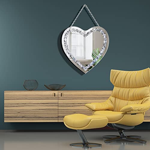 DMDFIRST Crystal Crush Diamond Heart Shaped Silver Mirror with Silver Stainless Steel Chain for Wall Decoration 12x12x0.5 inch Wall Hang Frameless Mirror Glass Diamond Decor Glam Mirror