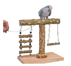 mkubwaa bird playstand platform for cockatiels, parrots playground stand perches, outside birdcage playpen stand with swing and ladder, natural wood tabletop exercise playgym for parakeets, cockatoo