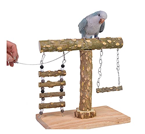 MKubwaa Bird Playstand Platform for Cockatiels, Parrots Playground Stand Perches, Outside Birdcage Playpen Stand with Swing and Ladder, Natural Wood Tabletop Exercise Playgym for Parakeets, Cockatoo