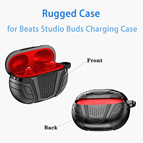 Case for Beats Studio Buds Case Cover with Keychain, Rugged Protective Case for New Studio Buds 2021 Charging Case Accessories, Military Case Holder with Clip for Men Women, Front LED Visible (Black)