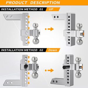 LOCAME Adjustable Trailer Hitch, Fits 2-Inch Receiver, 8-Inch Drop/Rise Aluminum Drop Hitch, 12,500 LBS GTW-Tow Hitch for Heavy Duty Truck with Double Stainless Steel Locks, Silver, LC0004