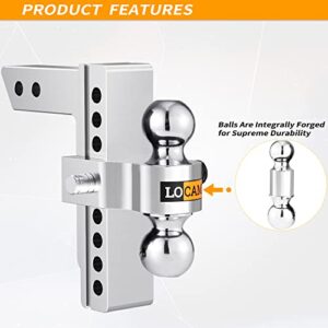 LOCAME Adjustable Trailer Hitch, Fits 2-Inch Receiver, 8-Inch Drop/Rise Aluminum Drop Hitch, 12,500 LBS GTW-Tow Hitch for Heavy Duty Truck with Double Stainless Steel Locks, Silver, LC0004