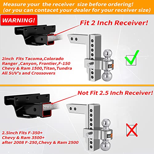 LOCAME Adjustable Trailer Hitch, Fits 2-Inch Receiver, 8-Inch Drop/Rise Aluminum Drop Hitch, 12,500 LBS GTW-Tow Hitch for Heavy Duty Truck with Double Stainless Steel Locks, Silver, LC0004