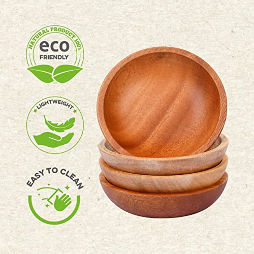 VieWood Mini Wooden Bowl Set of 4 (3.54" Diameter x 0.78" Height) for Condiments, Dip Sauce, Ketchup, Small Wood Bowl for Jam, little Prep, Olive (Round)