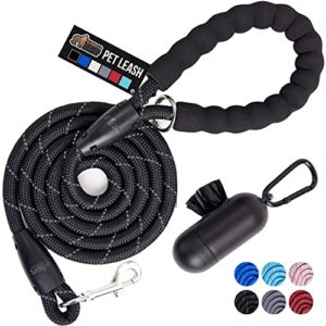 gorilla grip heavy duty dog leash, soft handle, strong reflective rope for night walking, small medium large dogs, durable puppy training leashes, rotating metal clip, waste bag dispenser, black