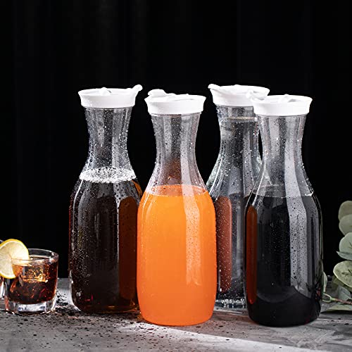 4 Pack Clear Plastic Water Carafes 50 Oz Beverage Pitcher Carafe with Flip top Lids and 16.4 Ft Rope 30 pieces Paper Cards for Tea Juice Water iced Coffee, Narrow Neck Design