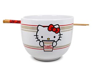 hello kitty cup noodles japanese ceramic dinnerware set | includes 20-ounce ramen bowl and wooden chopsticks | asian food dish set for home kitchen | kawaii anime gifts, official sanrio collectible
