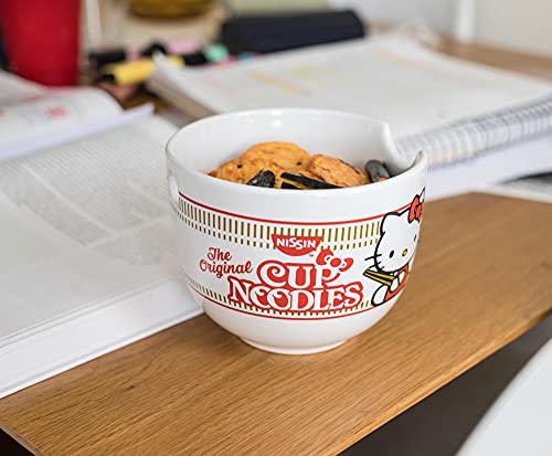 Hello Kitty Cup Noodles Japanese Ceramic Dinnerware Set | Includes 20-Ounce Ramen Bowl and Wooden Chopsticks | Asian Food Dish Set For Home Kitchen | Kawaii Anime Gifts, Official Sanrio Collectible