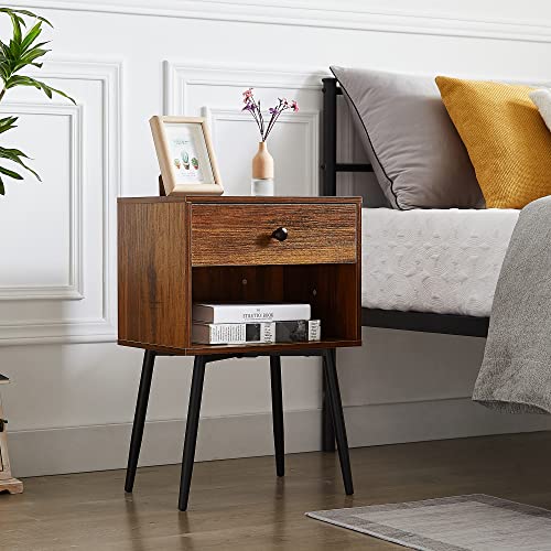 VECELO Nightstand Set of 2 Easy Assembly, 2-Tier Modern Night Stand/Side Table with Drawer and Storage Shelf for Small Places, Bedroom, Living Room, 23.6 Inch, Brown