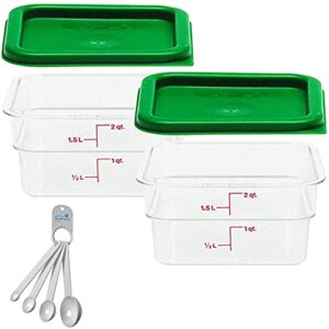 lumintrail cambro polycarbonate square 2 quart food storage container, 2 pack clear, with 2 kelly green lids, bundle with a measuring spoon set