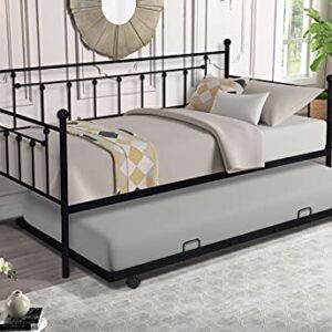 gaodashang Twin Size Metal Frame Daybed with Pullout Trundle,Heavy Duty Steel Slat Support Sofa Bed for Guest,No Spring Box Needed,Black