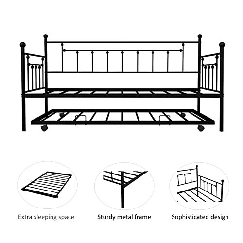 gaodashang Twin Size Metal Frame Daybed with Pullout Trundle,Heavy Duty Steel Slat Support Sofa Bed for Guest,No Spring Box Needed,Black