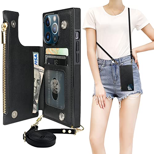 Bocasal Crossbody Wallet Case for iPhone 13 Pro with RFID Blocking Card Slot Holder, Magnetic Flip Folio Purse Case, PU Leather Zipper Handbag with Detachable Lanyard Strap 6.1 Inch 5G (Black)