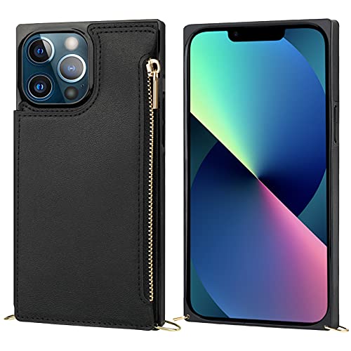 Bocasal Crossbody Wallet Case for iPhone 13 Pro with RFID Blocking Card Slot Holder, Magnetic Flip Folio Purse Case, PU Leather Zipper Handbag with Detachable Lanyard Strap 6.1 Inch 5G (Black)