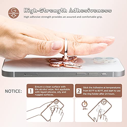 Butterfly Cell Phone Ring Holder, 360°Rotation Phone Ring Grip, Compatible with iPhone, Samsung Galaxy, LG Google Pixel, iPad, Rhinestones and Enamel (Rose Gold and White)