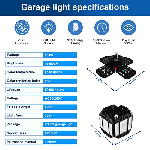 REHAVE Garage Lights Ceiling Led, 12 Panel Ceiling Led Plug in Shop Lights with 180W 18000 LM 6500K, 12 Leaf Deformable Multi-Position Panels, E26 E27 Base Ideal for Barn, Workshop, Basement (1 Pack)