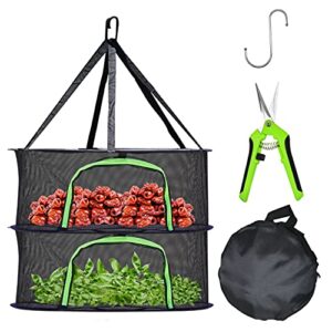herb drying rack food dehydrator plant hanging mesh u shape 2 layers collapsible dry net with zipper, pruning scissors, hook, herb rack for drying seeds, herb, vegs, fruits, bud, plants(24"x15.6")
