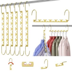 urbaneco golden space saving hangers organizer for clothes - closet metal hanger for heavy clothes - space saver hanger for dorm room - collapsible dual hook magic hanging storage organizer (6 pack)