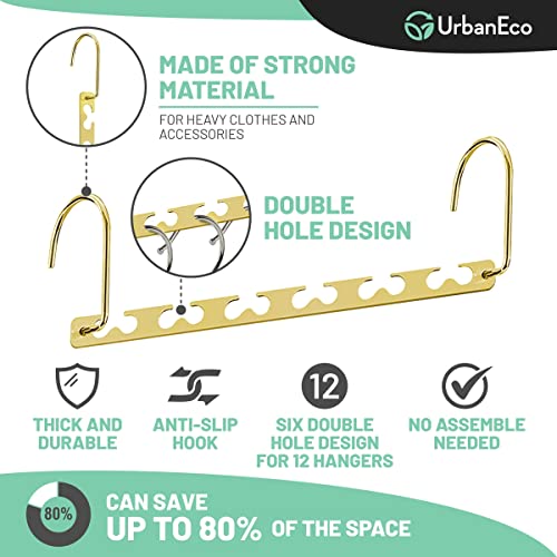 UrbanEco Golden Space Saving Hangers Organizer for Clothes - Closet Metal Hanger for Heavy Clothes - Space Saver Hanger for Dorm Room - Collapsible Dual Hook Magic Hanging Storage Organizer (6 Pack)