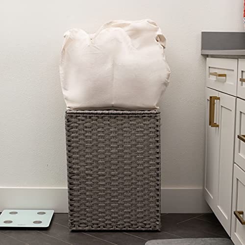 BIRDROCK HOME Single Laundry Hamper with Lid - Grey - Liner Bag - Hand Woven - Small Collapsible Hampers - Foldable Bin - Synthetic PE Rattan - Hand Woven - Clothes Basket