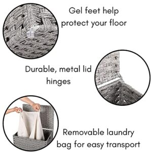 BIRDROCK HOME Single Laundry Hamper with Lid - Grey - Liner Bag - Hand Woven - Small Collapsible Hampers - Foldable Bin - Synthetic PE Rattan - Hand Woven - Clothes Basket