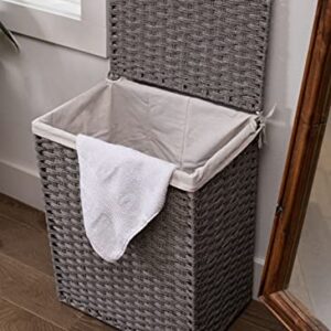 BIRDROCK HOME Single Laundry Hamper with Lid - Grey - Liner Bag - Hand Woven - Small Collapsible Hampers - Foldable Bin - Synthetic PE Rattan - Hand Woven - Clothes Basket