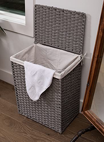 BIRDROCK HOME Single Laundry Hamper with Lid - Grey - Liner Bag - Hand Woven - Small Collapsible Hampers - Foldable Bin - Synthetic PE Rattan - Hand Woven - Clothes Basket