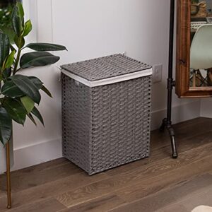 BIRDROCK HOME Single Laundry Hamper with Lid - Grey - Liner Bag - Hand Woven - Small Collapsible Hampers - Foldable Bin - Synthetic PE Rattan - Hand Woven - Clothes Basket