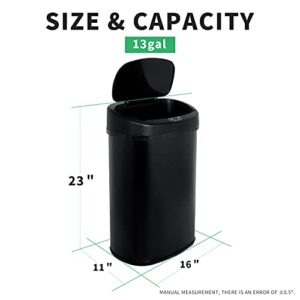 HCY Trash Can, 13 Gallon Automatic Waste Bin Mute Metal Garbage Can with Lid Stainless Steel 50 Liter for Kitchen, Office, Bedroom, Bathroom, Living Room (Black)