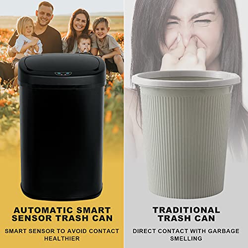 HCY Trash Can, 13 Gallon Automatic Waste Bin Mute Metal Garbage Can with Lid Stainless Steel 50 Liter for Kitchen, Office, Bedroom, Bathroom, Living Room (Black)