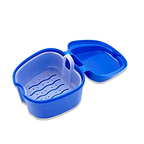 LaXon False Teeth Storage Box Holder, Portable PP Denture Bath Case with Strainer Basket, Use for Storing Dentures,Braces,Jewelry,Pacifiers,Dark Blue