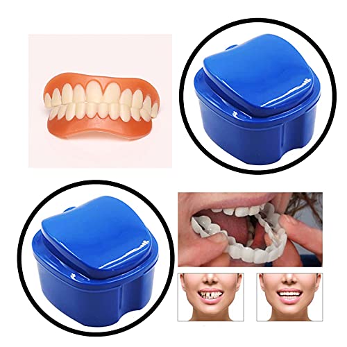 LaXon False Teeth Storage Box Holder, Portable PP Denture Bath Case with Strainer Basket, Use for Storing Dentures,Braces,Jewelry,Pacifiers,Dark Blue