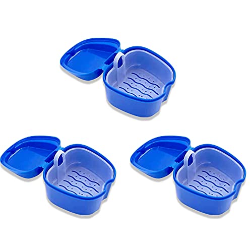 LaXon False Teeth Storage Box Holder, Portable PP Denture Bath Case with Strainer Basket, Use for Storing Dentures,Braces,Jewelry,Pacifiers,Dark Blue