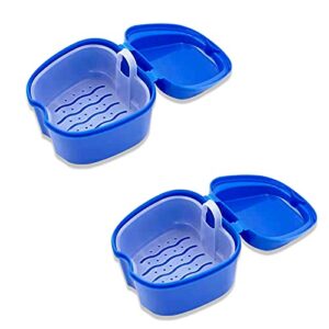 LaXon False Teeth Storage Box Holder, Portable PP Denture Bath Case with Strainer Basket, Use for Storing Dentures,Braces,Jewelry,Pacifiers,Dark Blue