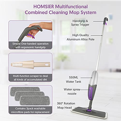 Spray Mop for Floor Cleaning - HOMSIER Microfiber Floor Mops Wet Dry Flat Mop with 550ML Refillable Bottle 3 Washable Pads Replacement, Dust Mop for Wooden Laminate Tile Marble Kitchen Hard Floors