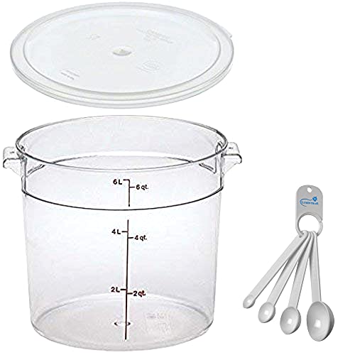 Lumintrail Cambro 6 Quart Round Food Storage Container, Clear, with a Clear Lid, Bundle with a Measuring Spoon Set