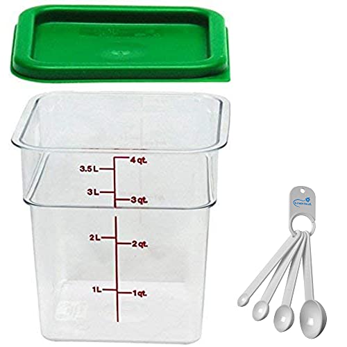 Lumintrail Cambro Polycarbonate Square 4 Quart Food Storage Container, Clear, with Kelly Green Lid, Bundle with a Measuring Spoon Set