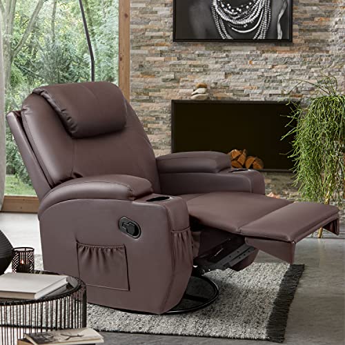 Shahoo PU Leather Chair with Massage Function Adjustable Home Theater Single Recliner Thick Seat and Backrest, 360° Swivel and Rocking Sofa for Living Room, Attractive Brown