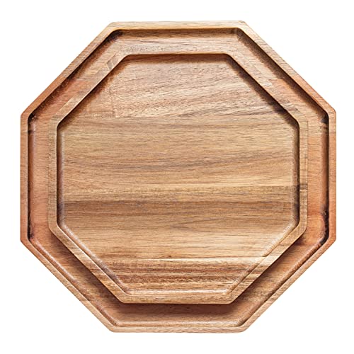 MOR GLOBAL Set of 2 Serving Trays, Big 12" & 10" 100% Acacia Wood Octagon Bread Plates For Serving Fruit Salad, Platter Vegetable, Food Dish, Pizza, Cheeses, Cupcakes, Sushi, Coffee, Wine, Dessert