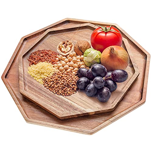 MOR GLOBAL Set of 2 Serving Trays, Big 12" & 10" 100% Acacia Wood Octagon Bread Plates For Serving Fruit Salad, Platter Vegetable, Food Dish, Pizza, Cheeses, Cupcakes, Sushi, Coffee, Wine, Dessert