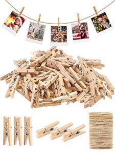 sturdy mini clothes pins for photo, 150 pcs 1 inch natural wooden clothespins with 33 ft jute twine, small clips for crafts display, baby shower game, hanging decorative pictures, cocktail, weddings