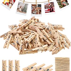 Sturdy Mini Clothes Pins for Photo, 150 Pcs 1 Inch Natural Wooden Clothespins with 33 FT Jute Twine, Small Clips for Crafts Display, Baby Shower Game, Hanging Decorative Pictures, Cocktail, Weddings