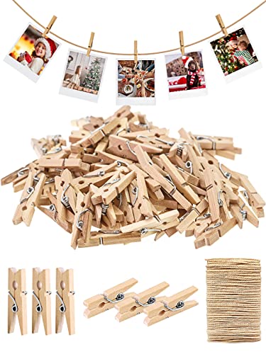 Sturdy Mini Clothes Pins for Photo, 150 Pcs 1 Inch Natural Wooden Clothespins with 33 FT Jute Twine, Small Clips for Crafts Display, Baby Shower Game, Hanging Decorative Pictures, Cocktail, Weddings