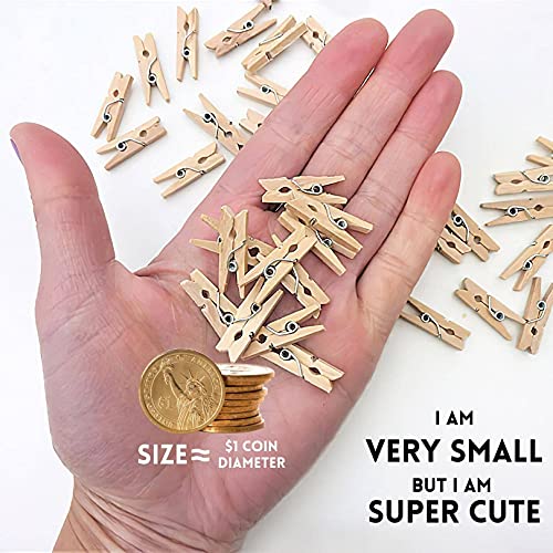 Sturdy Mini Clothes Pins for Photo, 150 Pcs 1 Inch Natural Wooden Clothespins with 33 FT Jute Twine, Small Clips for Crafts Display, Baby Shower Game, Hanging Decorative Pictures, Cocktail, Weddings