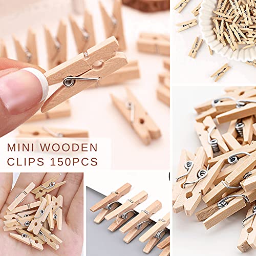 Sturdy Mini Clothes Pins for Photo, 150 Pcs 1 Inch Natural Wooden Clothespins with 33 FT Jute Twine, Small Clips for Crafts Display, Baby Shower Game, Hanging Decorative Pictures, Cocktail, Weddings