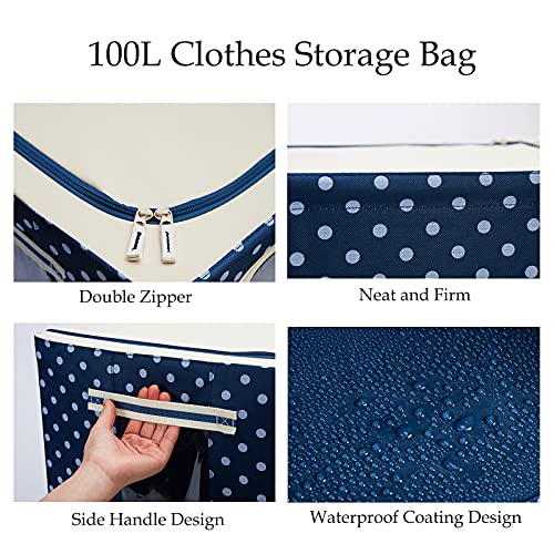 WINIAER Under Bed Clothes Organizer, 100L Fabric Storage Bags Stackable Storage Bins Closet Organizer Oxford Cloth Steel Frame Closet Storage Bins for Bedding, Clothes