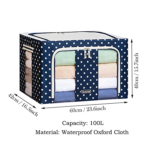 WINIAER Under Bed Clothes Organizer, 100L Fabric Storage Bags Stackable Storage Bins Closet Organizer Oxford Cloth Steel Frame Closet Storage Bins for Bedding, Clothes