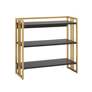 leick home 70008-blkgd mixed metal and wood slatted bookshelf, black/gold