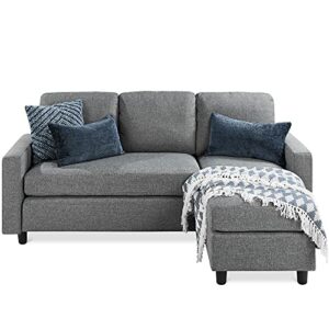 best choice products linen sectional sofa for home, apartment, dorm, bonus room, compact spaces w/chaise lounge, 3-seat, l-shape design, reversible ottoman bench, 680lb capacity - gray